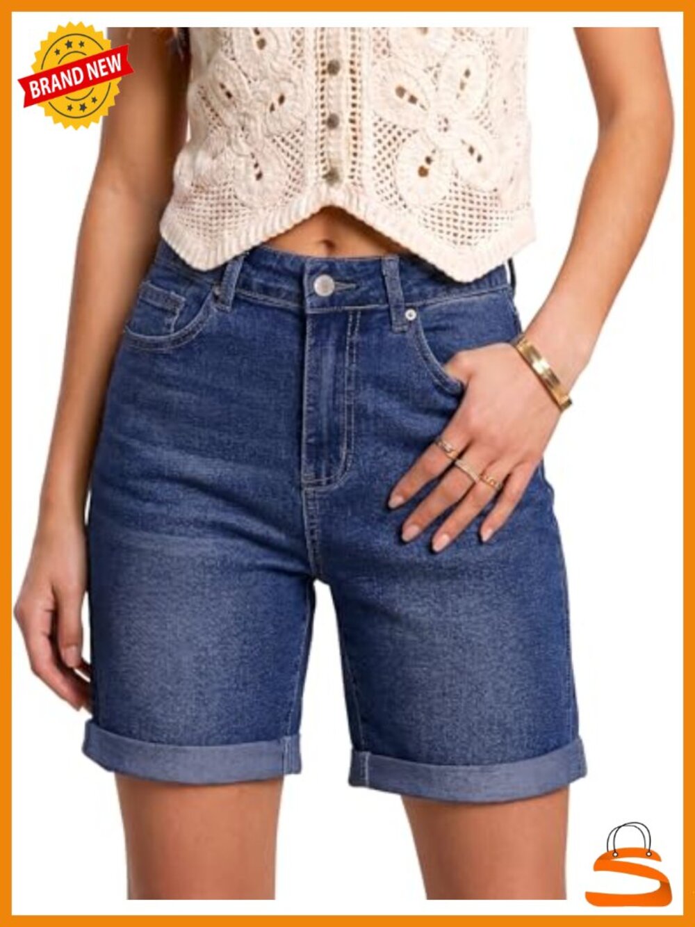 High Waisted Fold Hem Denim Shorts 7" Inseam Stretchy Women